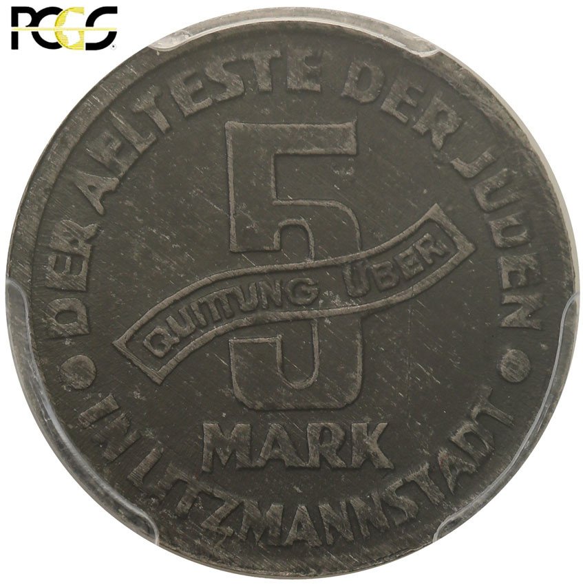 Getto Łódź. 5 marek 1943, magnez PCGS AU55 (MAX)